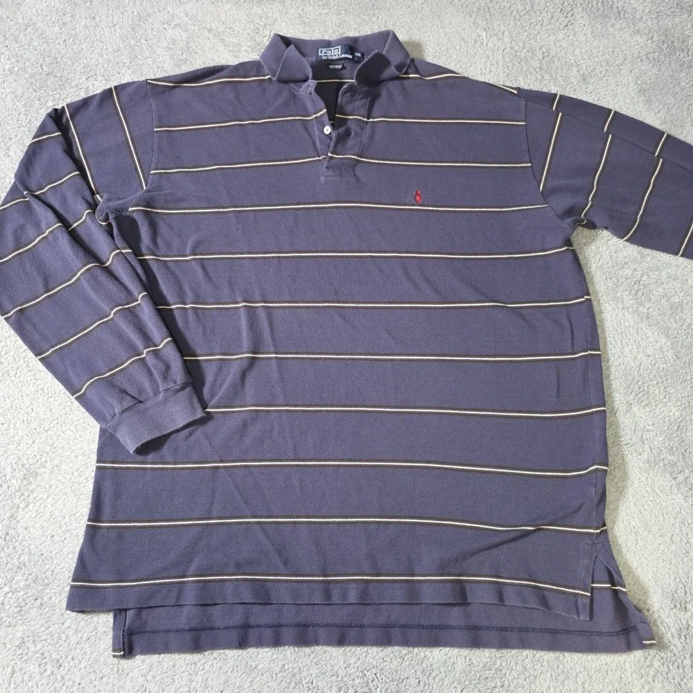Polo Ralph Lauren Mens XXL Polo Shirt Navy Blue Striped Long Sleeve Cotton Pony